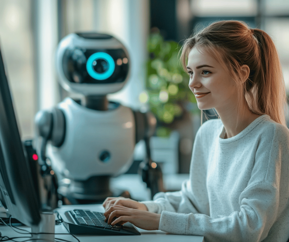 Artificial intelligence (AI) Vrouw achter computer die wordt geholpen door Artificial intelligence (AI)