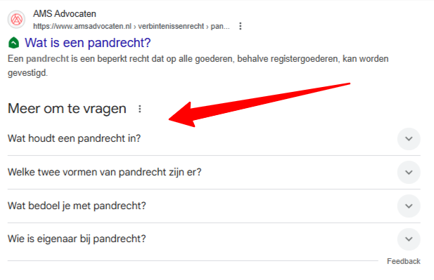 Meer om te vragen gedeelte Google Meer om te vragen gedeelte in Google bij het zoeken naar "wat is pandrecht".