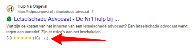 Schema markup letselschade advocaat Schema markup weergave met reviews in Google bij de zoekterm "letselschade advocaat inhuren".