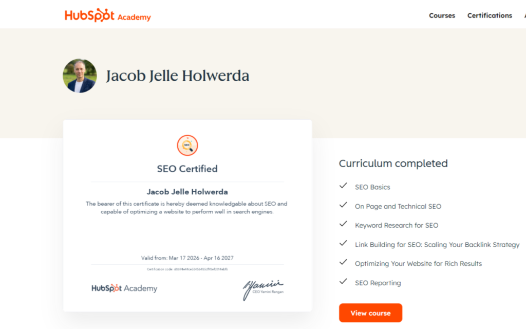 Hubspot SEO Certificaat van Jacob Jelle Holwerda
